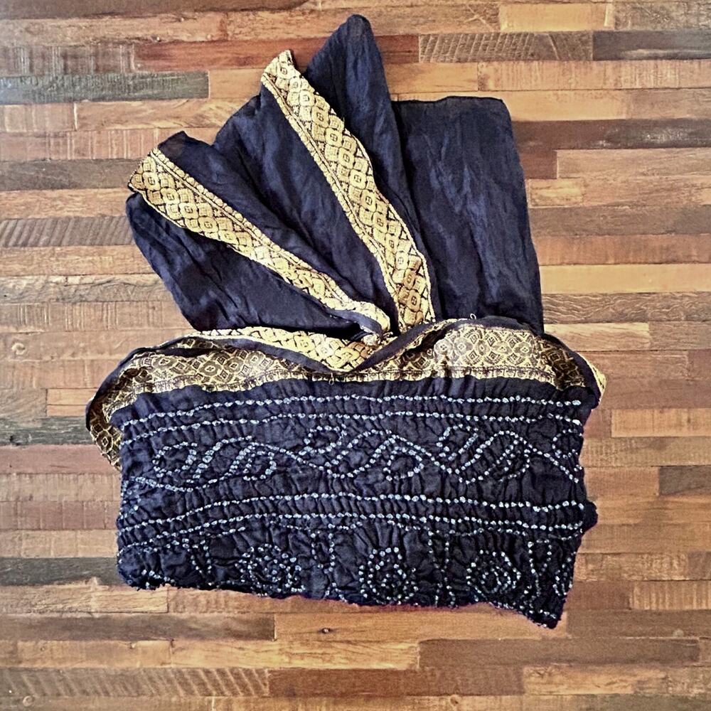 Vintage Y2K Artisan Black Silk Embroidered Drape Shawl Wrap with Gold Trim